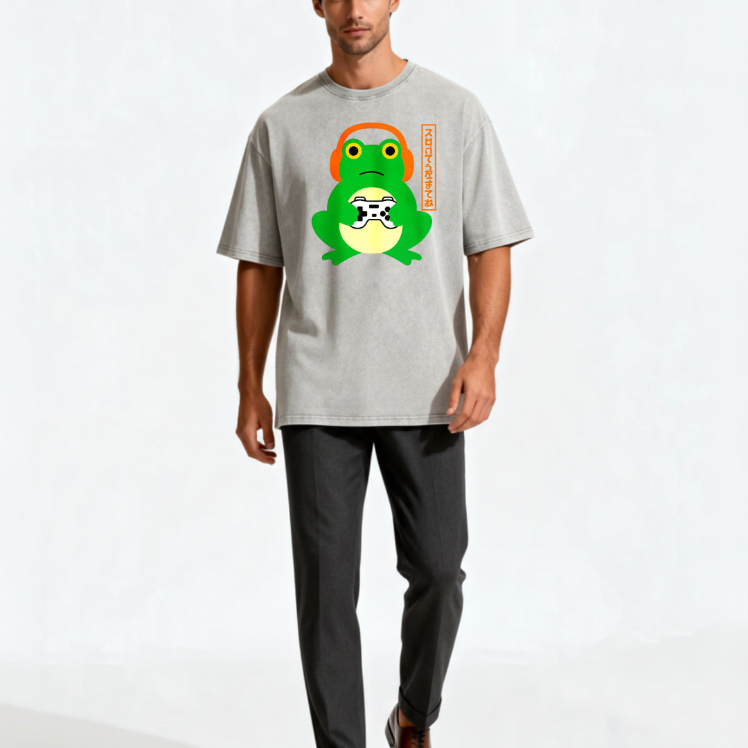 Japanese Graphic Gamer Frog Acid Washed T-Shirt