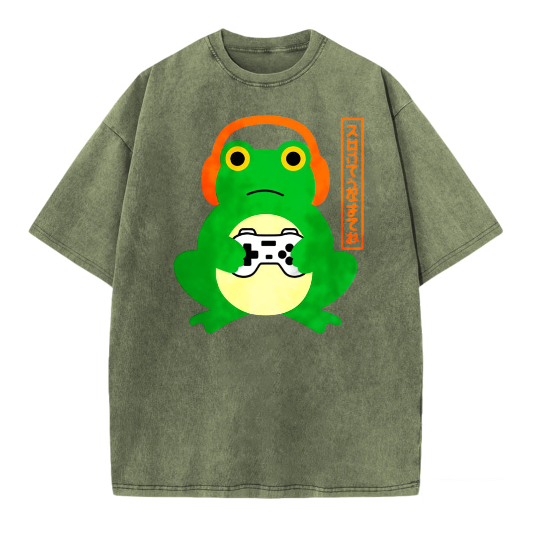 Japanese Graphic Gamer Frog Acid Washed T-Shirt
